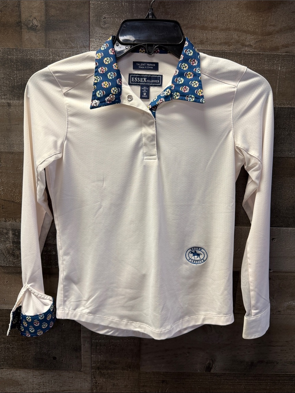 Essex Classics Girls' White Long-Sleeve Polo with Navy Printed Collar